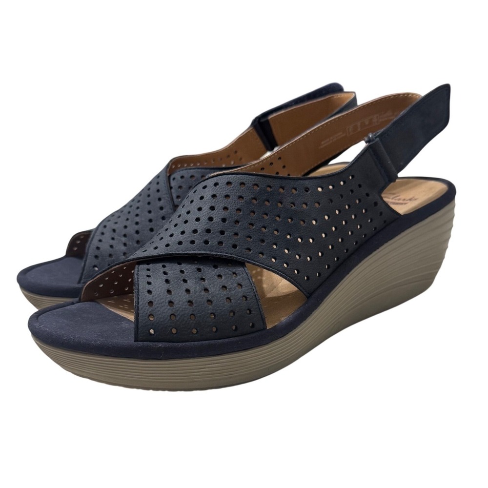 Clarks Reedly Variel Navy Suede Wedge Sandals Womens 9 Ortholite Platform